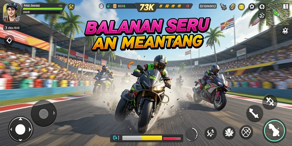 Screenshot menunjukkan aksi balapan mendebarkan di 73K dengan grafis yang menakjubkan.