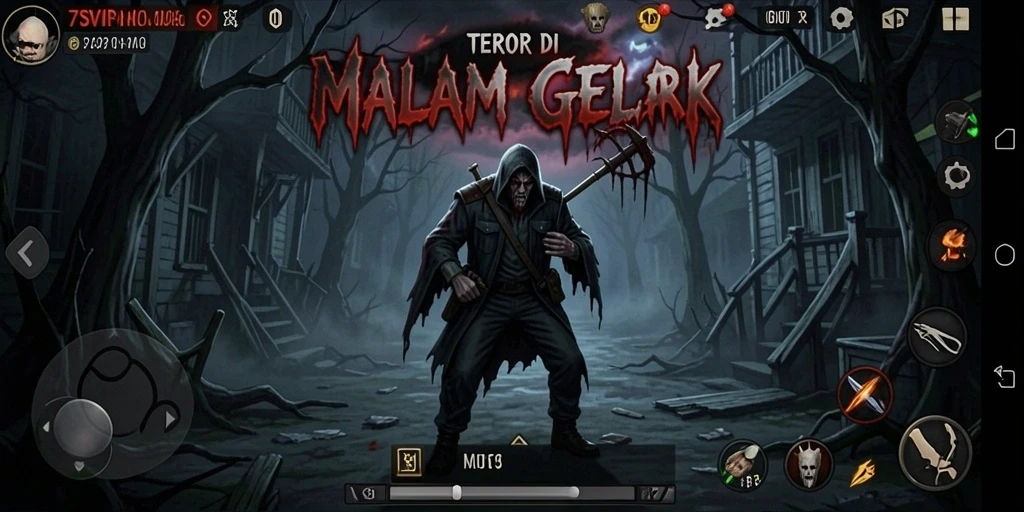 Screenshot permainan menunjukkan karakter dalam kegelapan yang mencekam.