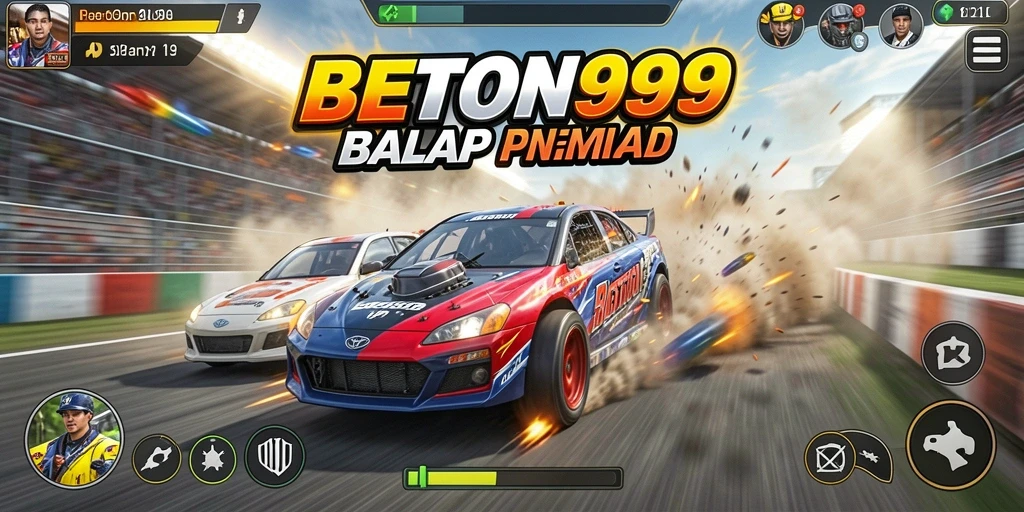 Screenshot utama BETON999 menampilkan aksi balap seru di lintasan.