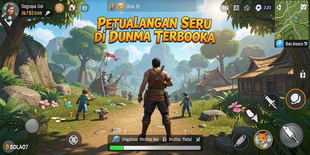 Screenshot gameplay BOLA07 menampilkan petualangan di dunia terbuka.