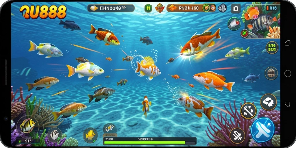 Gameplay seru dalam CU888 dengan ikan berwarna-warni.