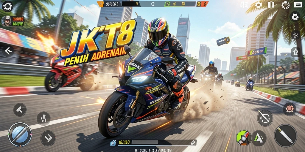 Screenshot gameplay JKT8 menampilkan aksi balap motor yang mendebarkan.