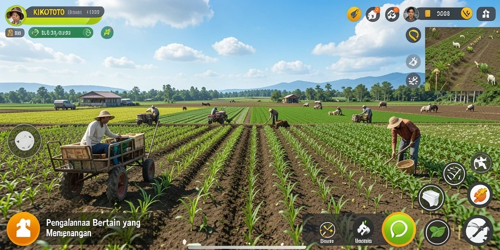 Tampilan gameplay KIKOTOTO menampilkan ladang yang subur dan hewan ternak.