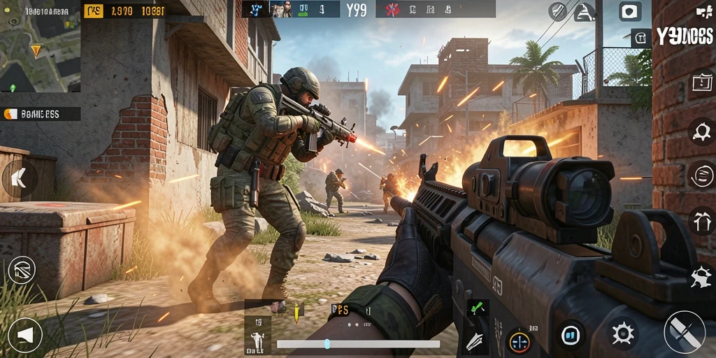 Tampilan gameplay intens di Y89 dengan aksi tembak-menembak yang seru.